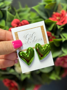 Green Metallic Heart Earrings