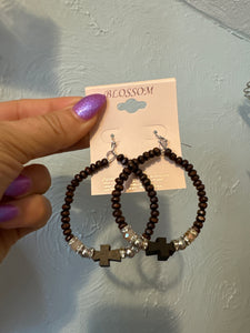 Wooden Beaded Cross Earrings