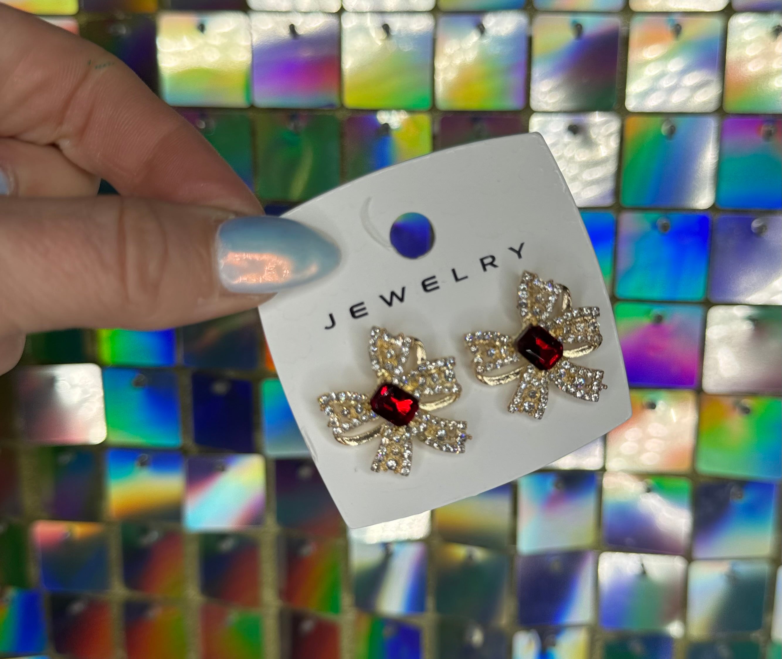 Rhinestone Bow Earrings-Gold w/ Red