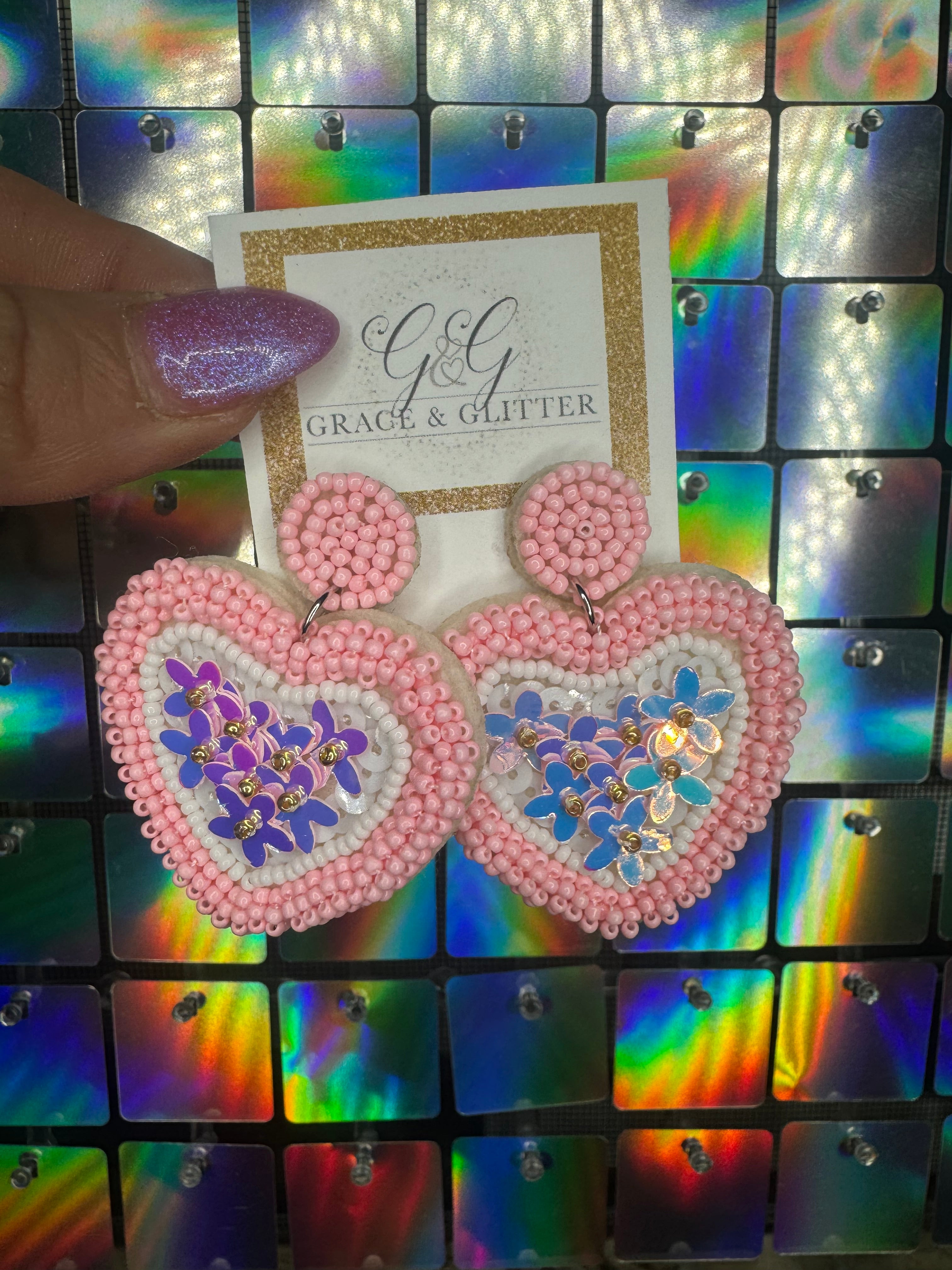 Flower Sequin Heart Earrings