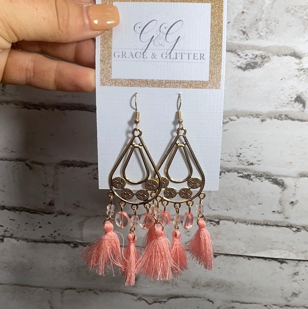 Light pink teardrop tassel earrings