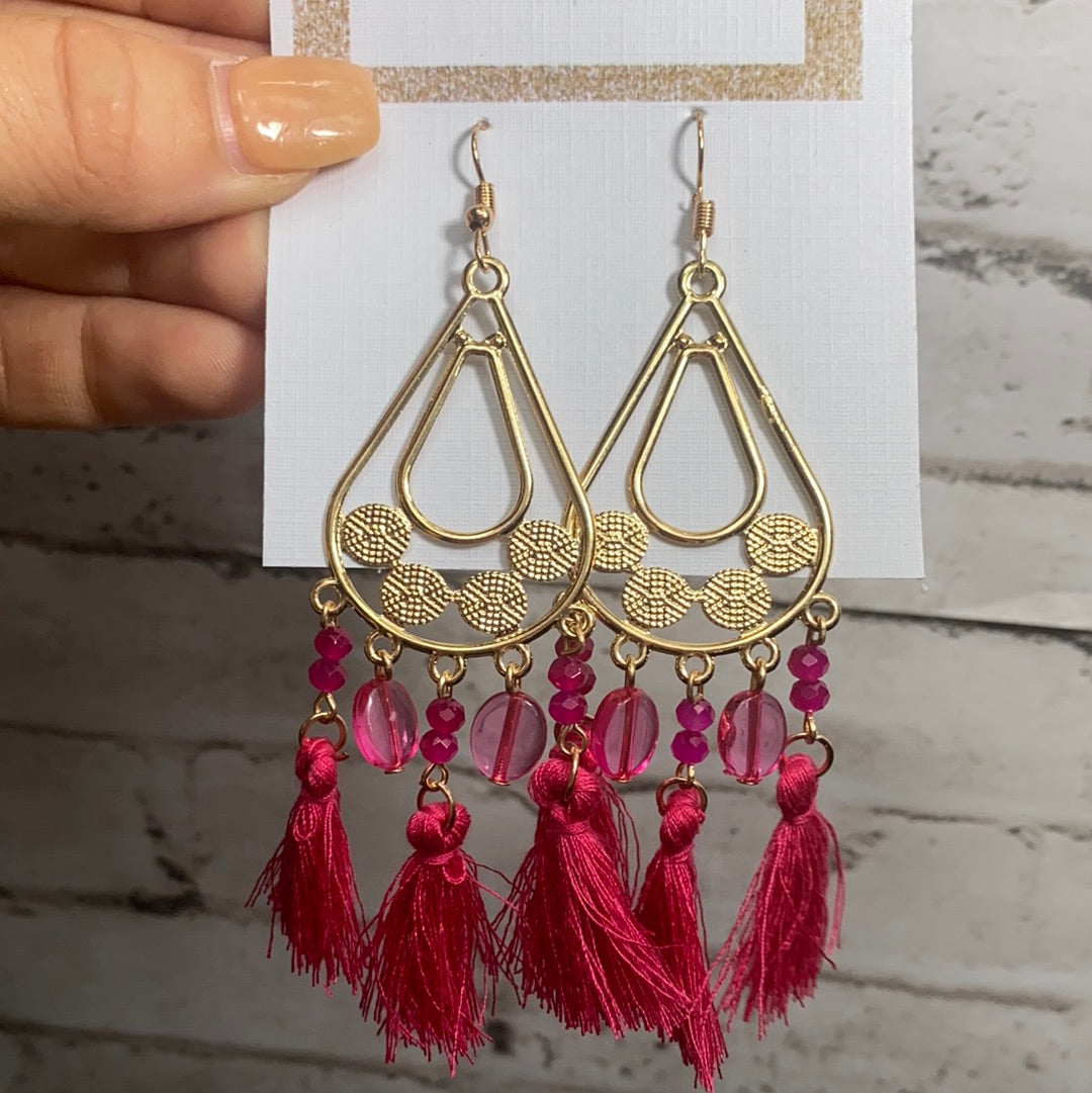 Hot pink teardrop tassel earrings